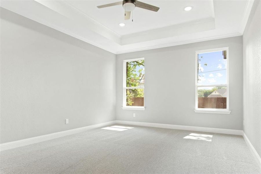 Carpeted spare room with plenty of natural light, ceiling fan, and ornamental molding