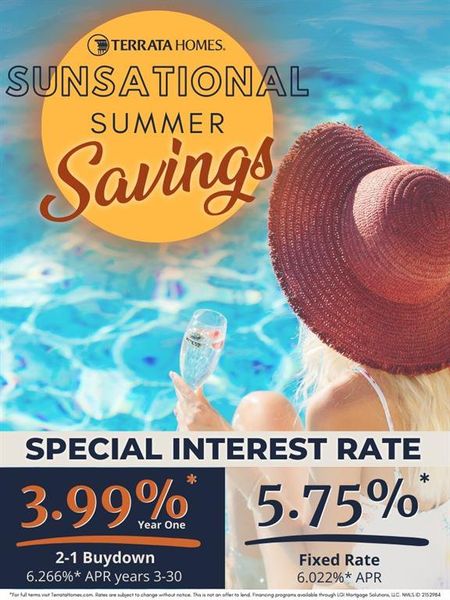 Ask about our interest rate specials! Contact the Terrata Homes Information Center for more details! Special interest rates on 2-1 Buydown starting at 3.99% (6.266 APR) or Fixed for 30 years at 4.99% (5.214 APR)!