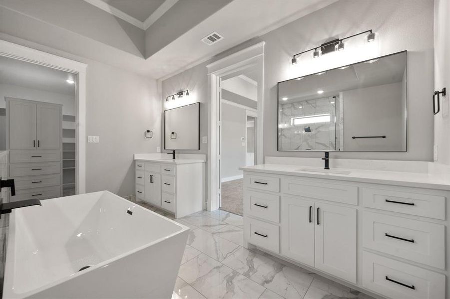 Bathroom featuring vanity, plus walk in shower, and ornamental molding