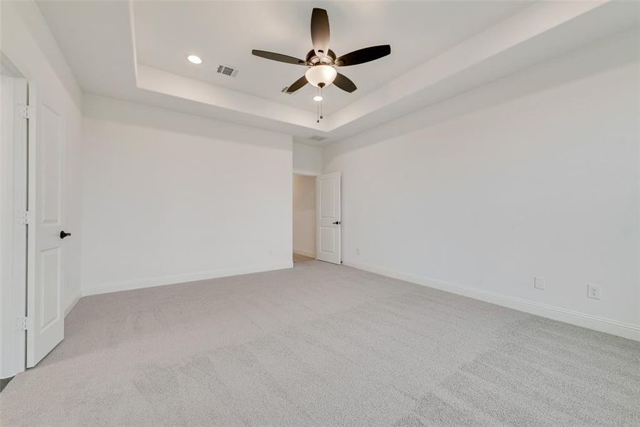 Carpeted spare room featuring a tray ceiling and ceiling fan