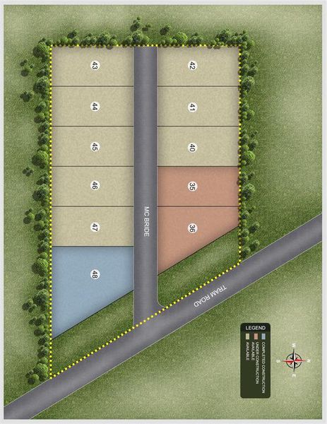 This is a plot map showing a subdivision of nine residential lots bordered by streets on two sides and a perimeter of greenery.