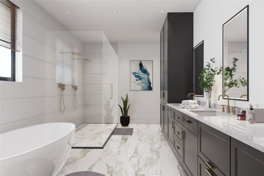 Primary Bath:En-Suite to the Primary bedroom with  custom cabinetry, counter space, double sinks, walk in shower with two showerheads and gorgeous tub. Image is a digital rendering and digitally staged. Actual colors and finishes may vary.