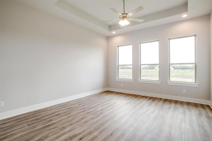 Empty room featuring wood-type flooring, ceiling fan, and a raised ceiling