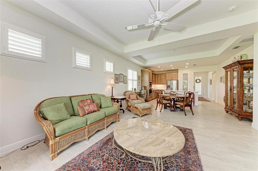 Great Room, Plantation Shutters, Tray Ceilings