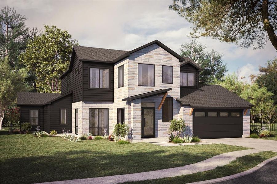 View of front of house with a garage and a front yard