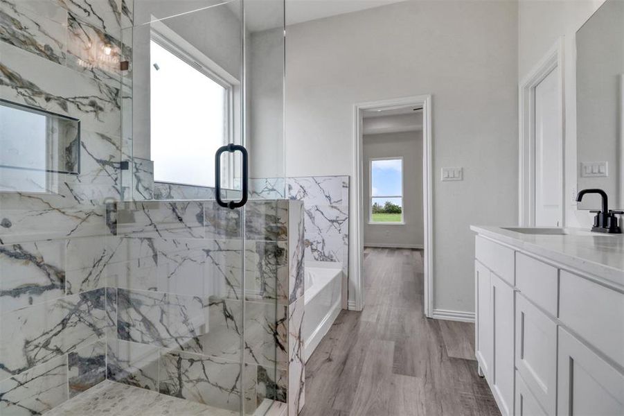 Bathroom with vanity, plus walk in shower, and hardwood / wood-style floors