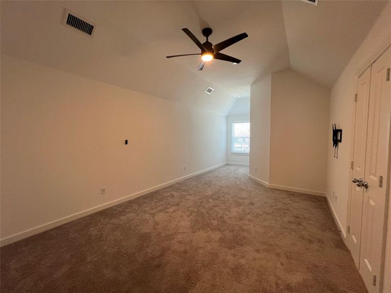 Additional living space with lofted ceiling, ceiling fan, and carpet flooring