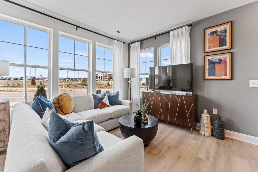 family room with bright windows