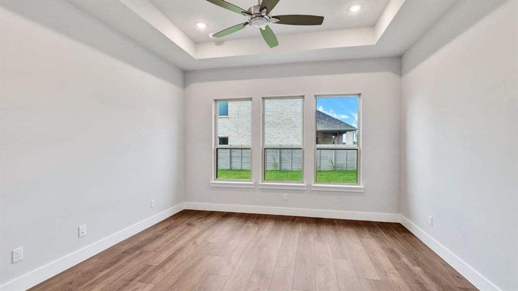 Unfurnished room featuring ceiling fan, hardwood / wood-style floors, and a tray ceiling