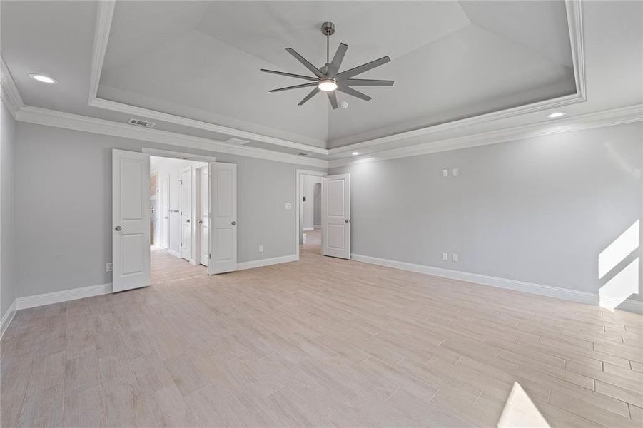 Unfurnished room featuring ceiling fan, a raised ceiling, ornamental molding, and light hardwood / wood-style flooring