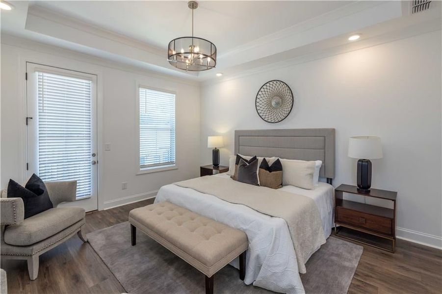 Master Bedroom featuring multiple windows, a raised ceiling, and dark wood-type flooring, with a small balcony , not the actual unit