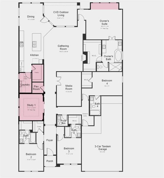 Structural options include: bay window in owner's suite, flex room, and study.