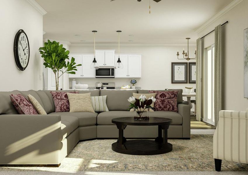 Rendering showing the open floor plan of
  the Hartford floor plan. The living room is furnished with a sectional,
  coffee table and armchair. The kitchen and breakfast nook are visible behind
  the sectional.