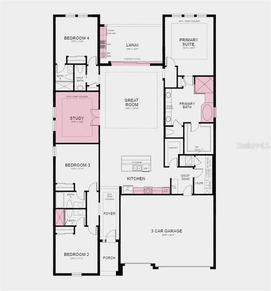 Floor Plan - Structural options added: study in place of a flex room, gourmet kitchen, outdoor kitchen with range hood, deluxe primary bathroom with soaking tub and walk-in shower, pocket sliding glass door in the great room, and walk-in shower to bathroom 2.