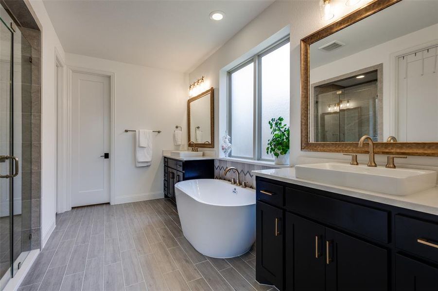Bathroom with vanity, a healthy amount of sunlight, and separate shower and tub