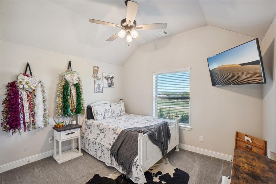 Bedroom featuring carpet, lofted ceiling, and ceiling fan