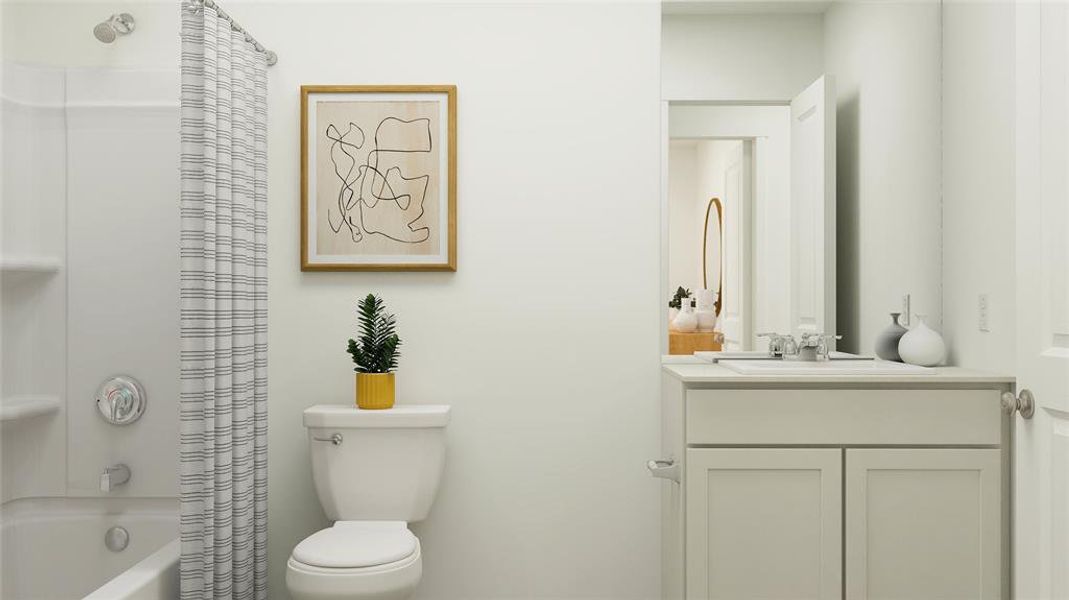 Full bathroom with vanity, toilet, and shower / bathtub combination with curtain