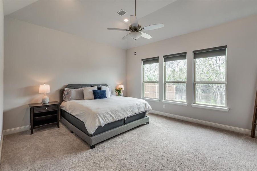 Carpeted bedroom with multiple windows, ceiling fan, and vaulted ceiling