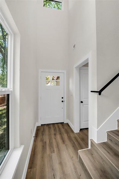 Foyer entrance featuring a towering ceiling and wood-type flooring