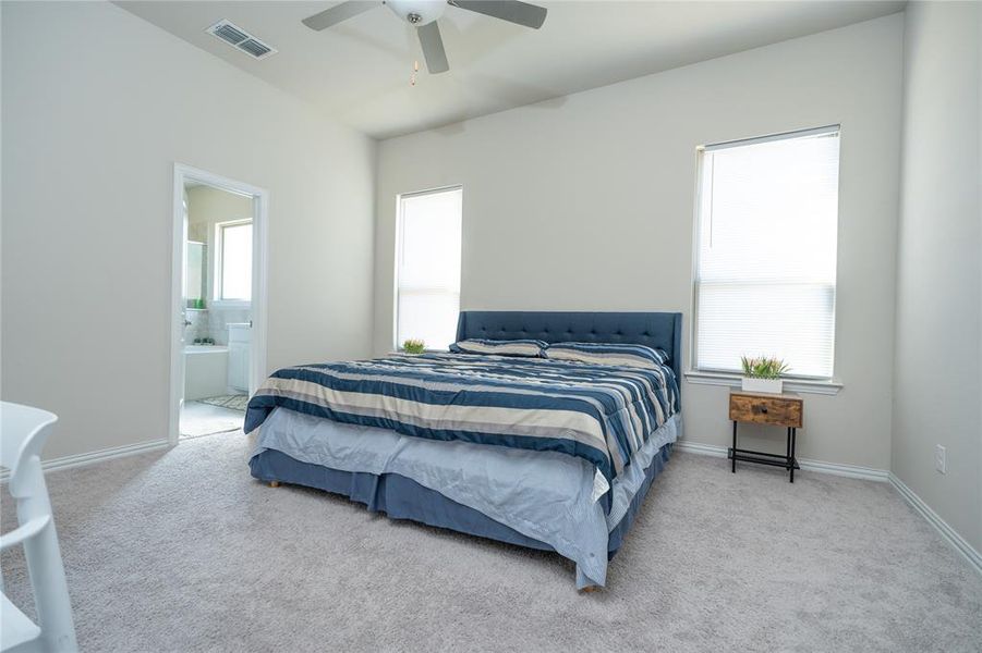 Carpeted bedroom featuring multiple windows, connected bathroom, and ceiling fan