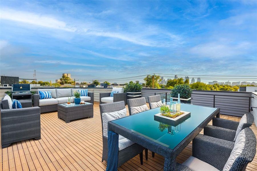 Wooden terrace with an outdoor living space