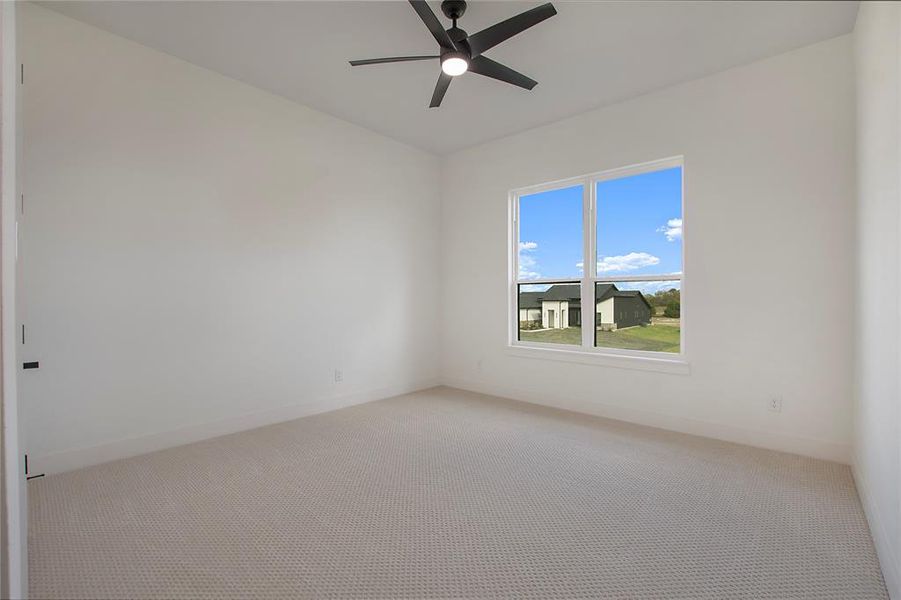 Carpeted spare room with ceiling fan