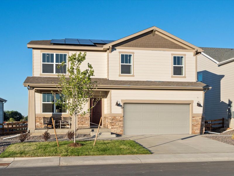 Evergreen Floorplan exterior image taken at a Meritage Homes community in Windsor, CO.