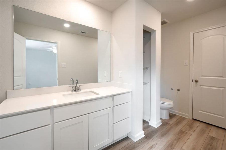 Bathroom with vanity, toilet, ceiling fan, and hardwood / wood-style floors