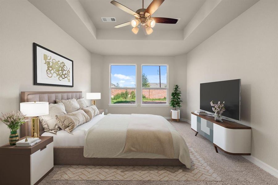 The primary bedroom is generously sized, creating a tranquil and spacious retreat that offers ample room for relaxation. Featuring plush carpet, high ceilings, fresh paint, and large windows that lets in natural lighting throughout the day.