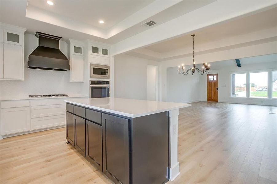 Kitchen with a center island, custom exhaust hood, stainless steel appliances, a notable chandelier, and a tray ceiling