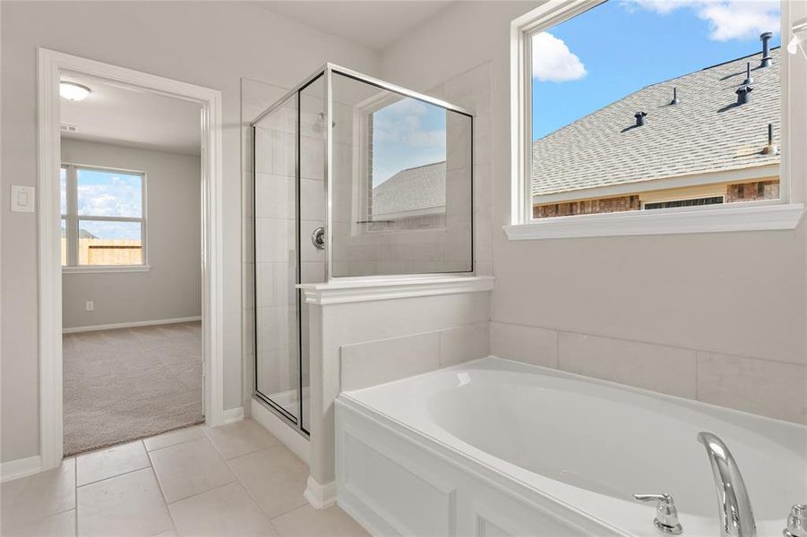 This additional view of your primary bathroom features tile flooring, fresh paint, walk-in shower, and a separate garden tub.