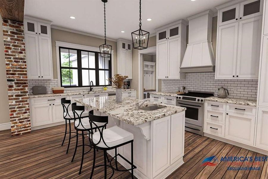 Kitchen with stainless steel stove, backsplash, custom exhaust hood, an island with sink, and white cabinetry