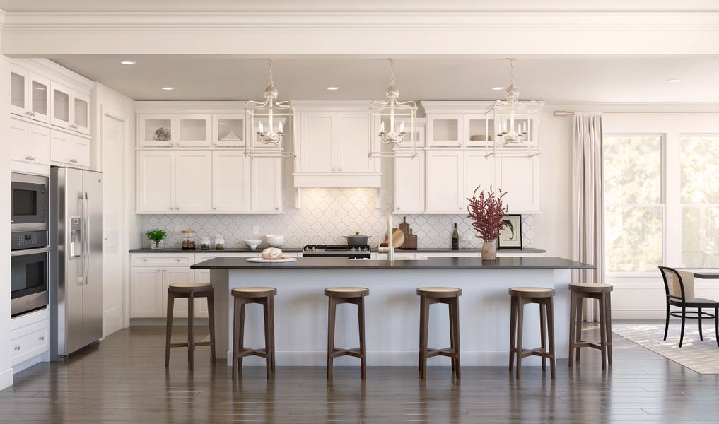 Kitchen with glass upper cabinets and pendant lights