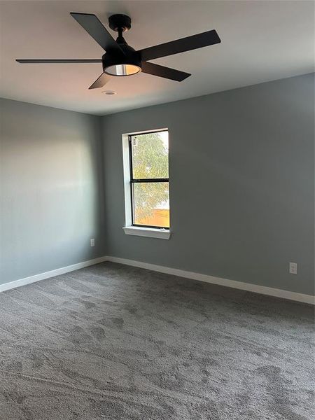 Empty room featuring carpet floors and ceiling fan