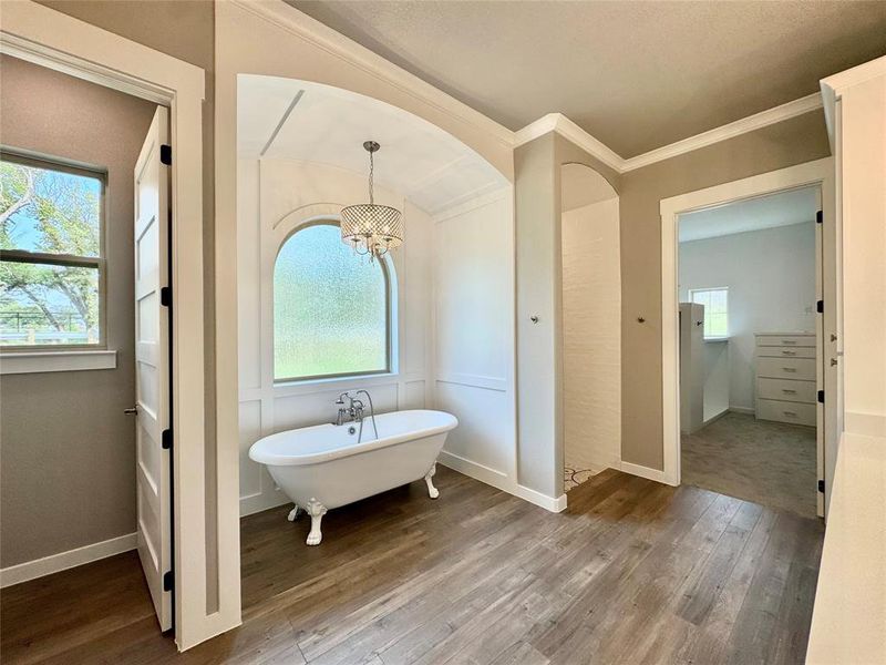 Primary Bathroom with a wealth of natural light, hardwood / wood-style floors, a notable chandelier, and a washtub