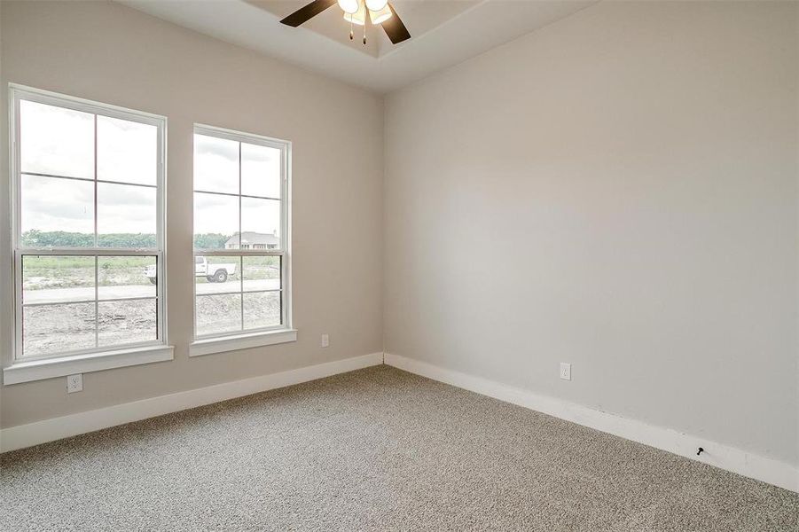 Spare room featuring carpet and ceiling fan