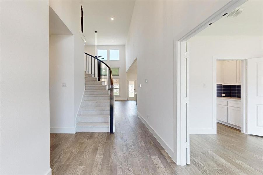 Hall featuring light hardwood / wood-style floors and a towering ceiling