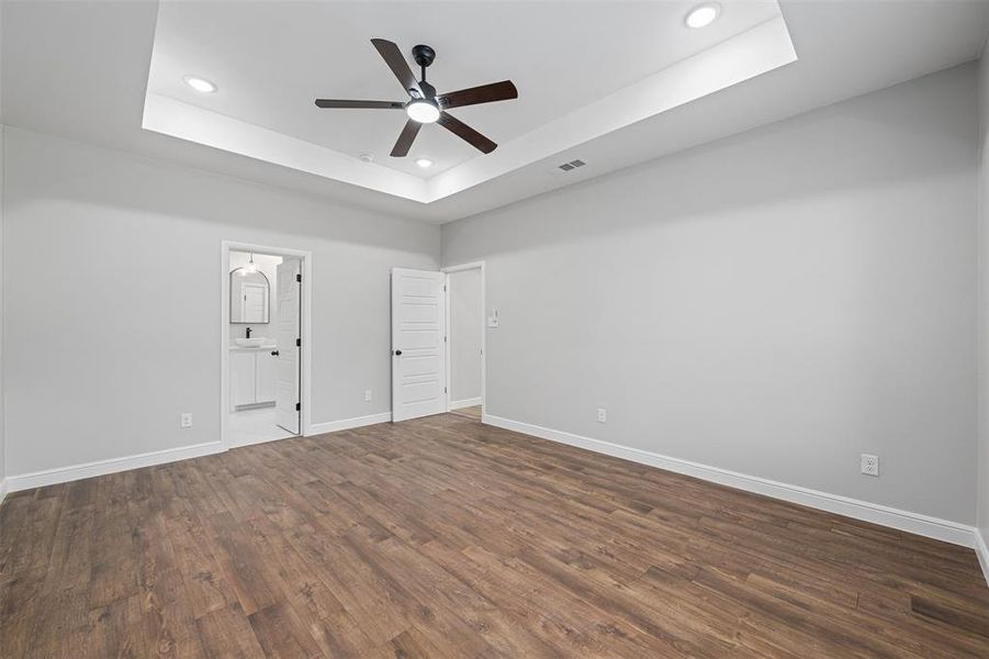 Empty room featuring a raised ceiling, sink, ceiling fan, and dark hardwood / wood-style floors