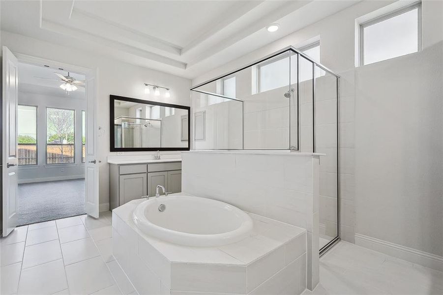 Bathroom with vanity, a tray ceiling, tile patterned flooring, ceiling fan, and independent shower and bath