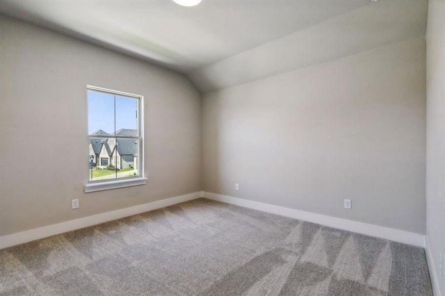 Carpeted empty room featuring lofted ceiling