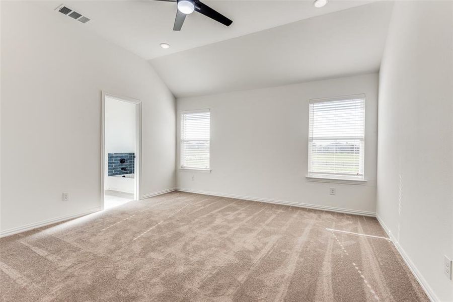 Carpeted spare room with ceiling fan, plenty of natural light, and vaulted ceiling