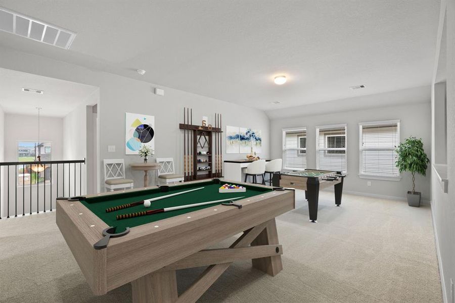 Ascend upstairs to openness: The modern and dark rail stains, coupled with sleek metal balusters, infuse this area  with a spacious and contemporary ambiance. Let it serve as an additional living area or game room, possibilities are endless.