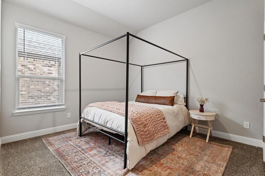 Carpeted bedroom featuring multiple windows