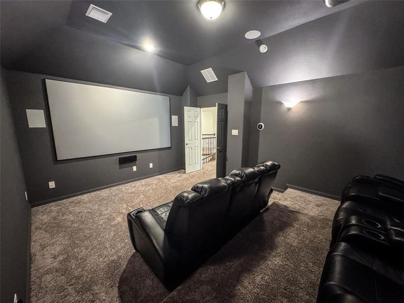 Cinema featuring carpet and lofted ceiling