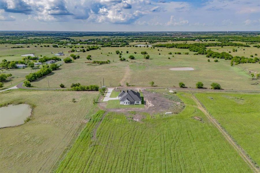 Birds eye view of property with a rural view