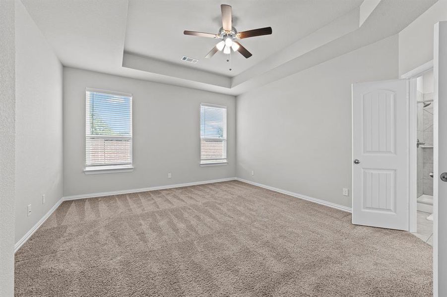 Unfurnished room featuring ceiling fan, a raised ceiling, and light carpet