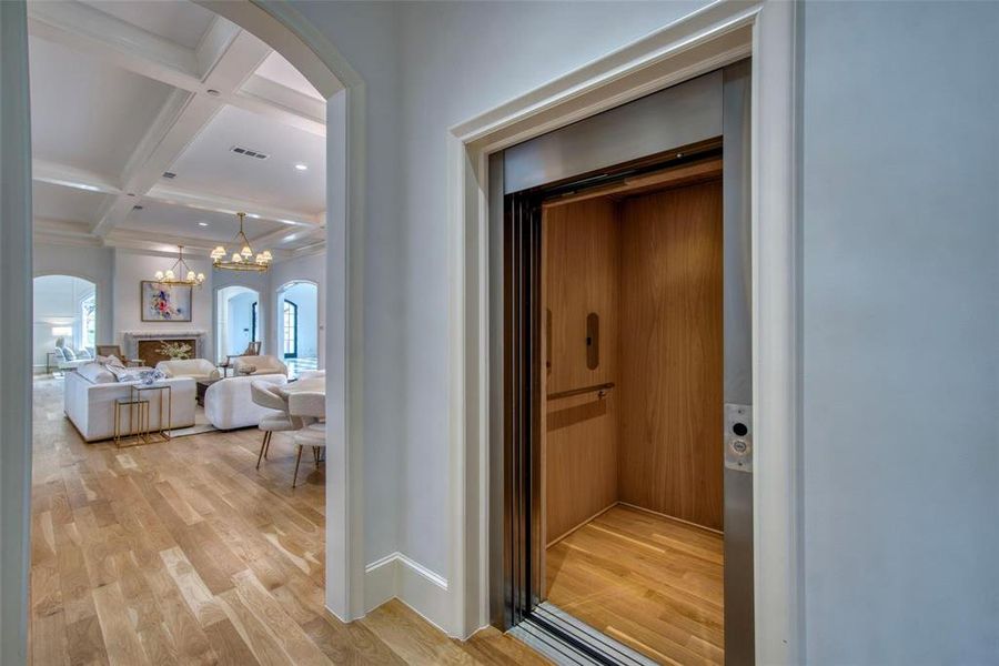 A luxurious residential elevator adds both style and practicality.