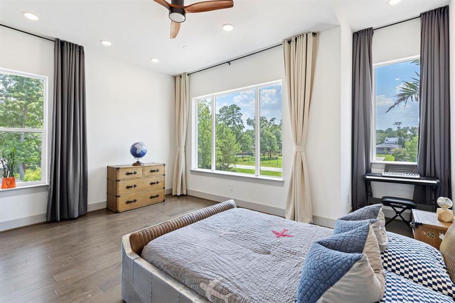 Bedrooms are spacious highlighting high ceilings, flush lighting and ceiling fans.
