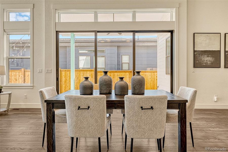 Large double sliding glass door allowing easy access to the backyard oasis and covered patio.