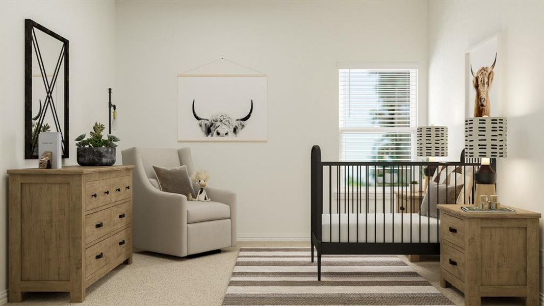 Living area with light colored carpet